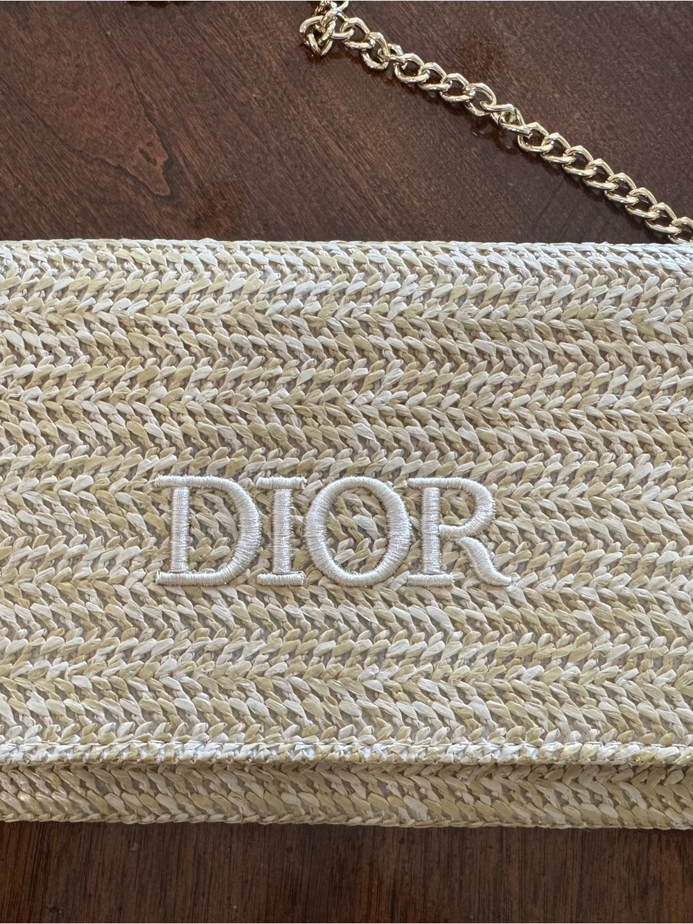 Dior Ivory and Natural Straw Woven Clutch with Gold Chain